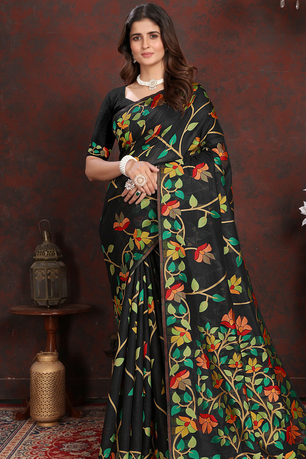 Elegant Black and Golden Cotton Muslin Saree with Multicolored Floral Jaal Design