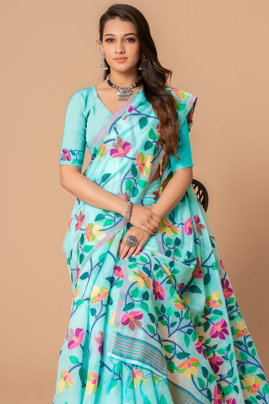 Refreshing Sky Blue Cotton Muslin Saree with Multicolored Floral Jaal Pattern