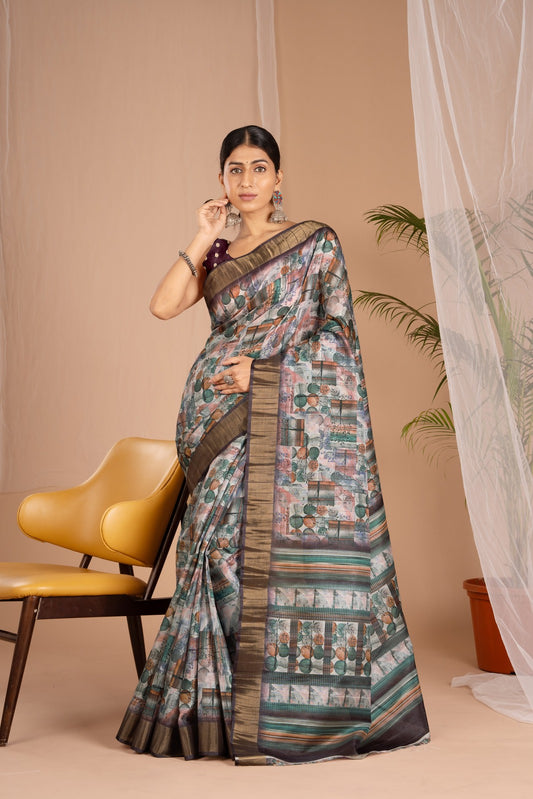 Golden Cot Digital Print Wine Floral Saree With Golden Border