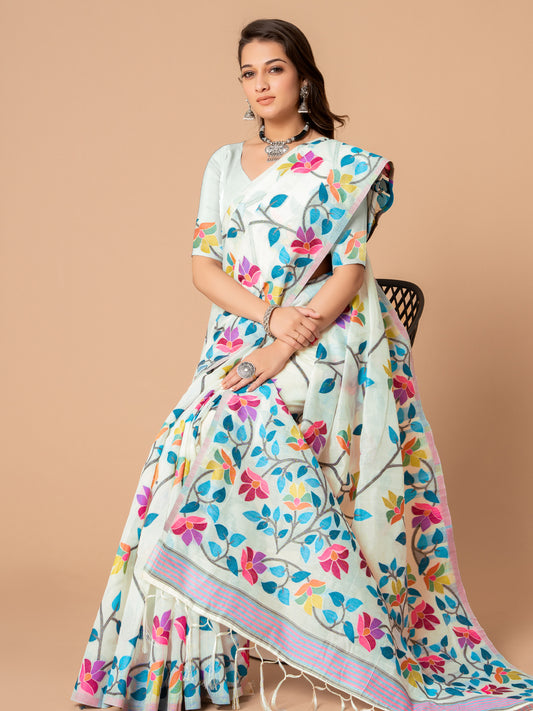 Beautiful White Cotton Muslin Saree with Multicolored Floral Jaal