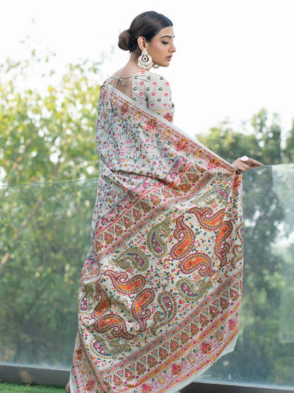 Pure White Blended Jamdani Silk Saree with Antique Gold and Multicolored Minakari Kani Work