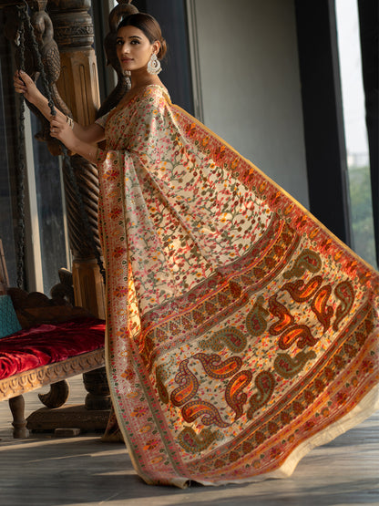 Timeless Warm Beige Jamdani Saree with Antique Gold Minakari Kani Weave
