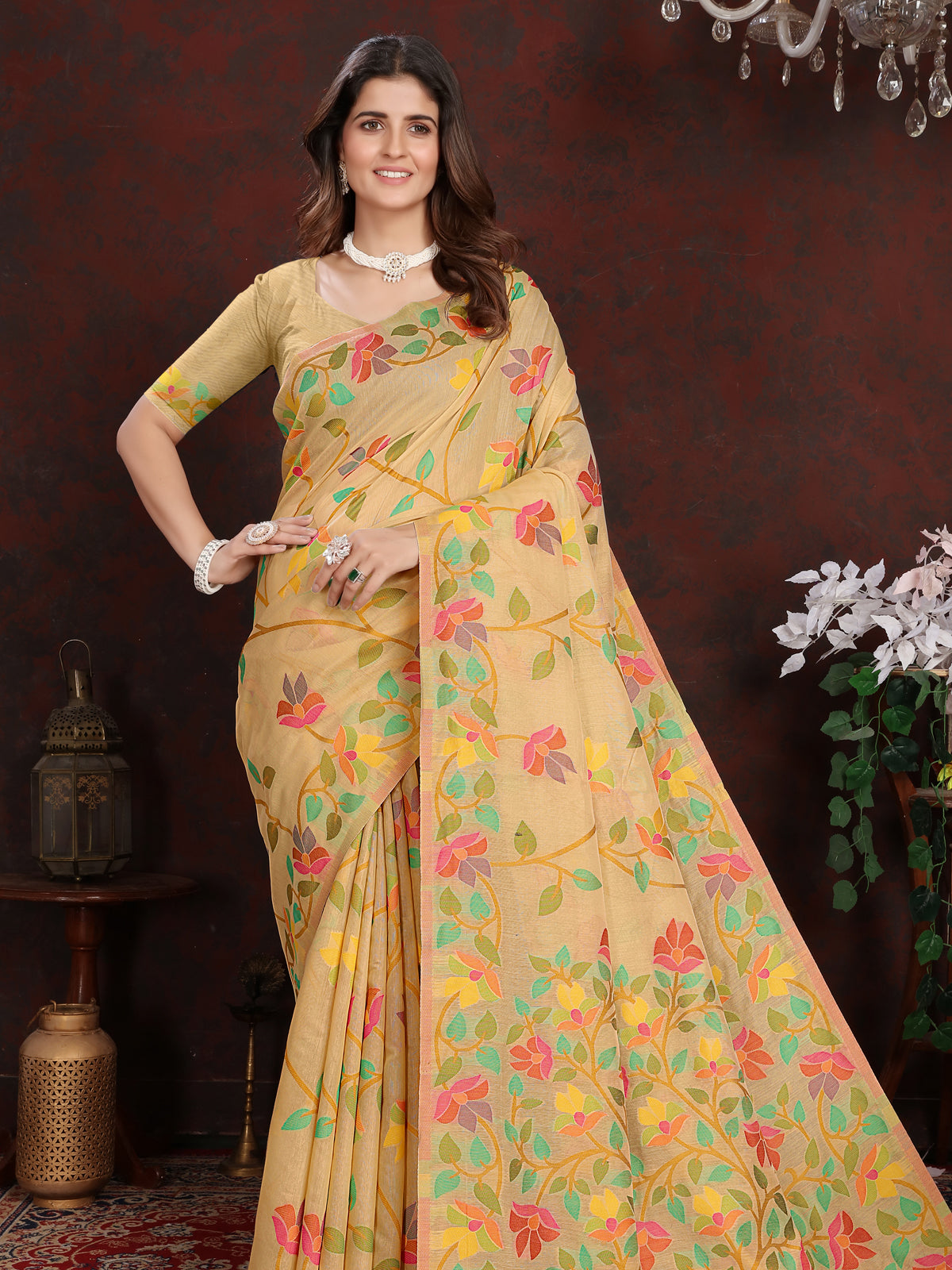 Warm Beige and Golden Floral Jaal Cotton Muslin Saree