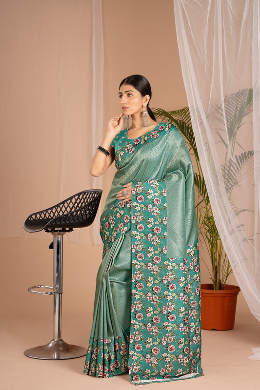 Banarasi Softy Digital Print Floral Silk Fungi Green Saree-Festive And Party Wear