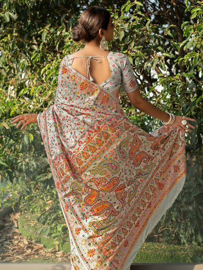 Off White Blended Jamdani Silk Saree with Kashmiri Work