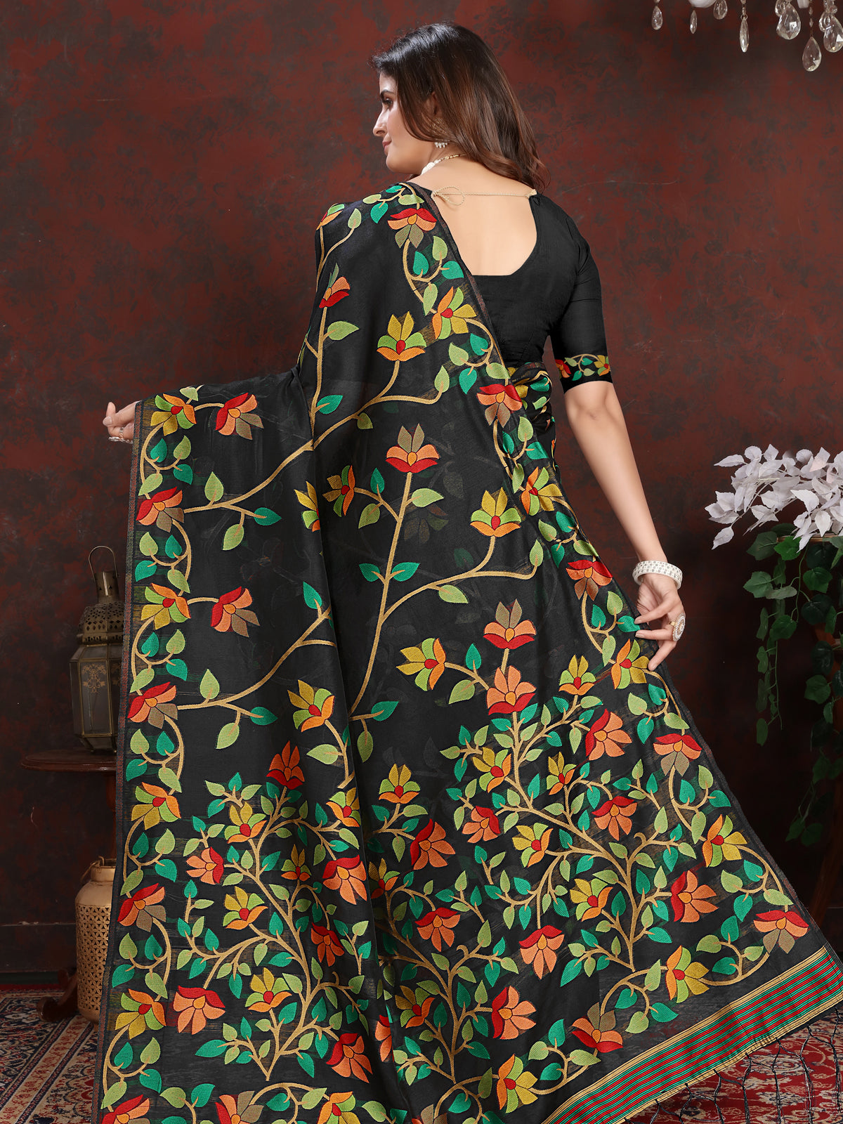 Elegant Black and Golden Cotton Muslin Saree with Multicolored Floral Jaal Design