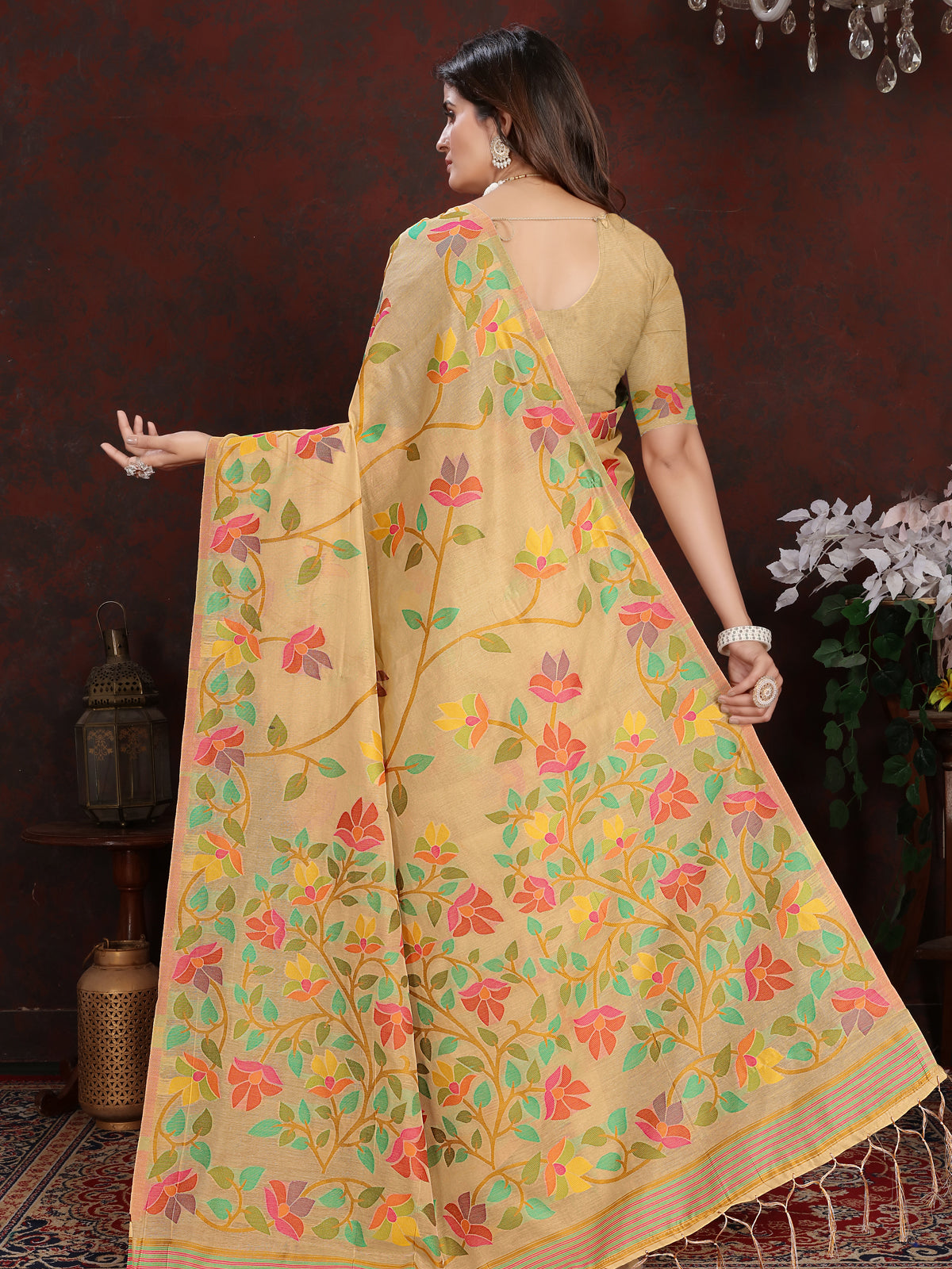 Warm Beige and Golden Floral Jaal Cotton Muslin Saree