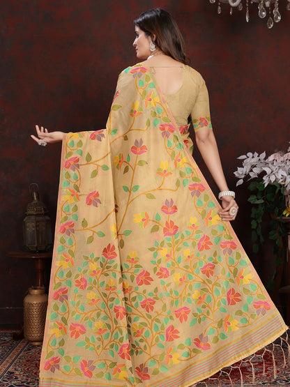 Warm Beige and Golden Floral Jaal Cotton Muslin Saree