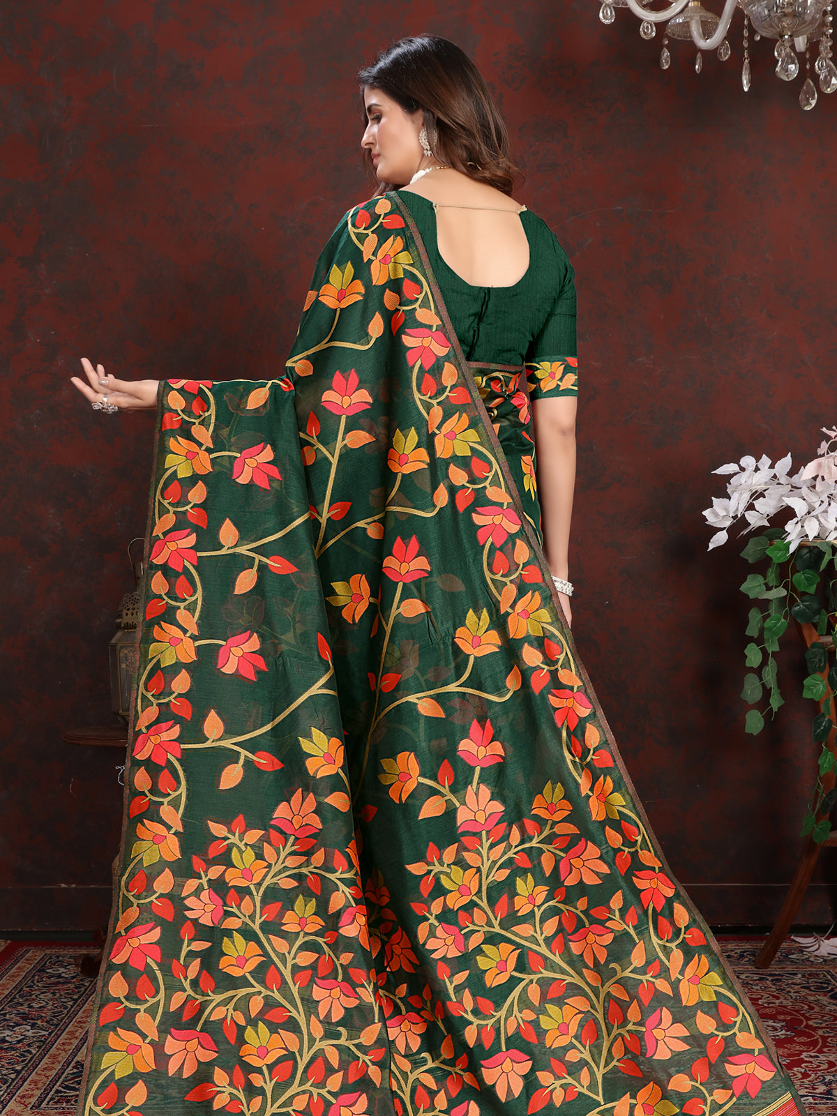 Vibrant Green Cotton Muslin Saree with Multicolored Floral Jaal Pattern
