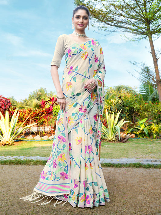 Elegant Off White Cotton Muslin Saree with Multicolored Floral Jaal Pattern