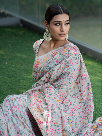 Pure White Blended Jamdani Silk Saree with Antique Gold and Multicolored Minakari Kani Work