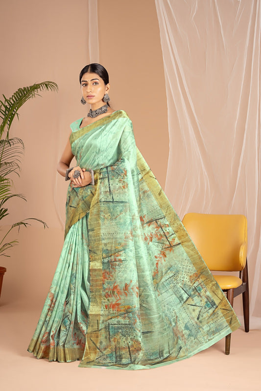 Golden Cot Handloom Silk Digital Print Light Green Floral Saree With Golden Border