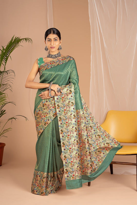 Banarasi Softy Digital Print Floral Silk Dark Green Saree-Festive And Party Wear