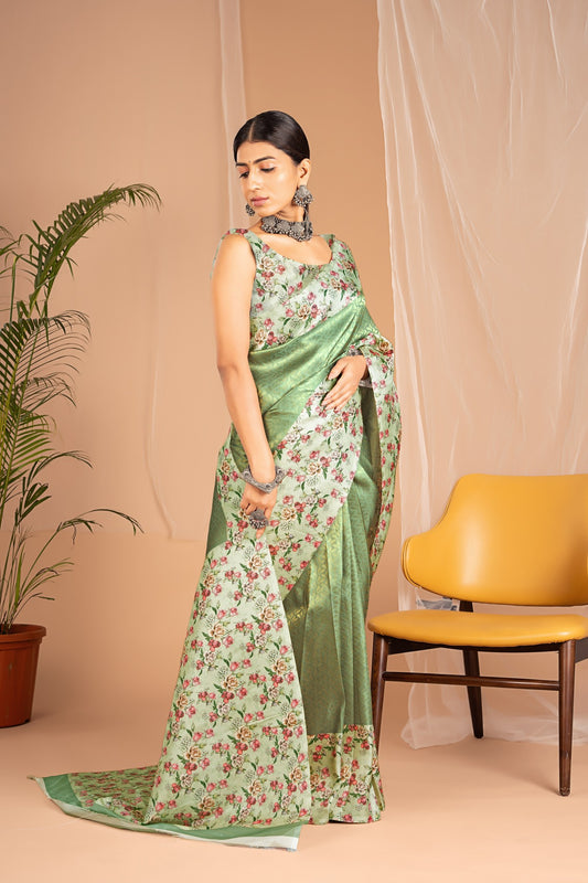 Banarasi Softy Digital Print Floral Silk Shining Green Saree-Festive And Party Wear