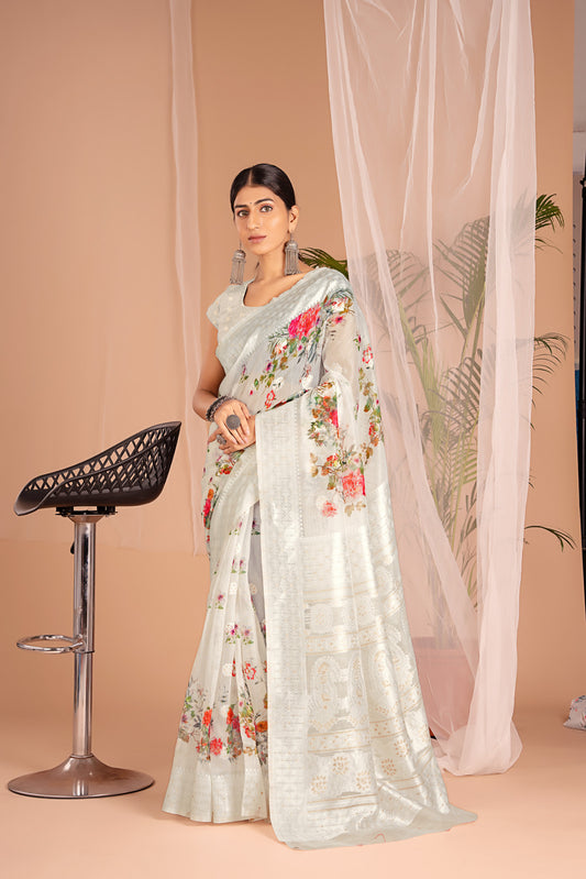 Lakhnawi Digital Print White Floral Saree