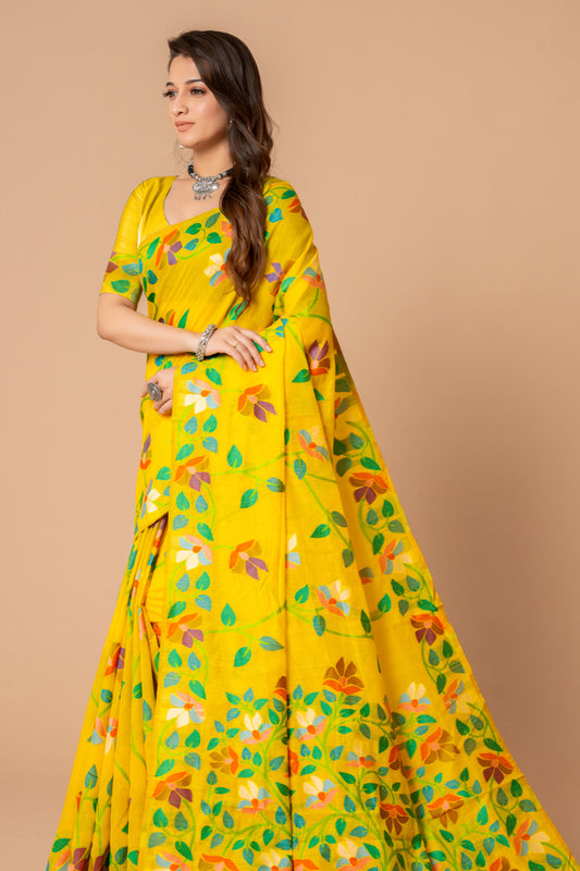 Sunny Yellow Cotton Muslin Saree with Multicolored Floral Jaal Patterns
