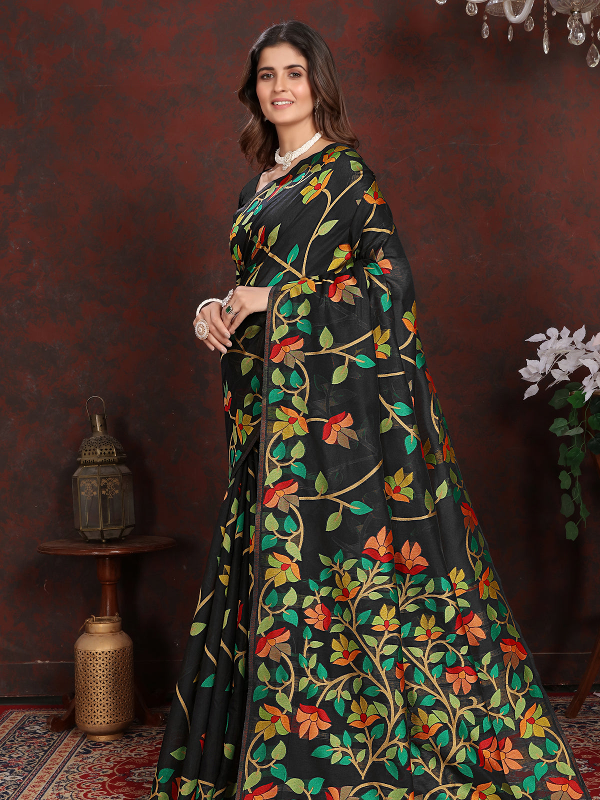 Elegant Black and Golden Cotton Muslin Saree with Multicolored Floral Jaal Design