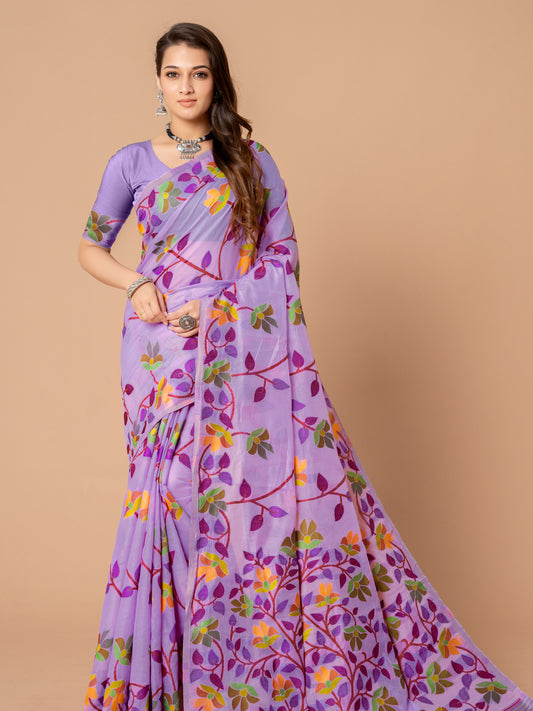 Soft Cotton Muslin Purple Saree with Beautiful Multicolored Floral Jaal Design