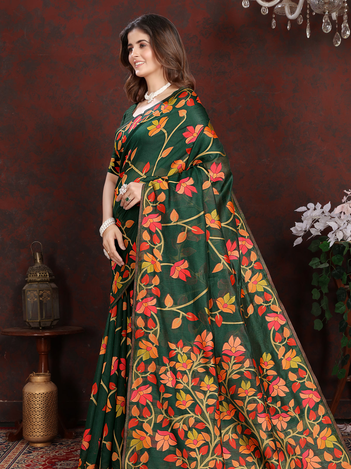 Vibrant Green Cotton Muslin Saree with Multicolored Floral Jaal Pattern