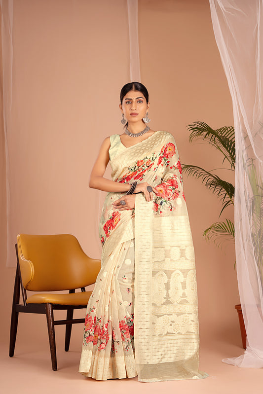 Lakhnawi Digital Print Powder Yellow Floral Saree
