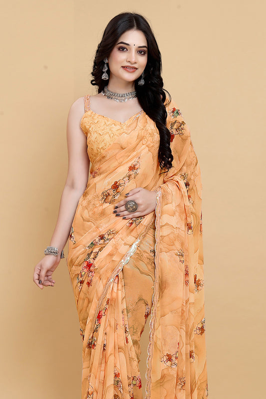 Weightless Orange Saree with Multicolored Designs