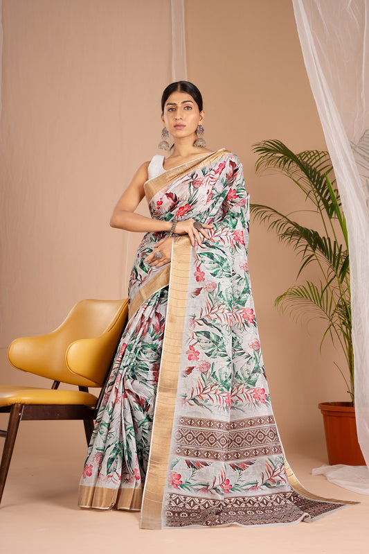 Golden Cot Handloom Silk Digital Print White Floral Saree With Golden Border