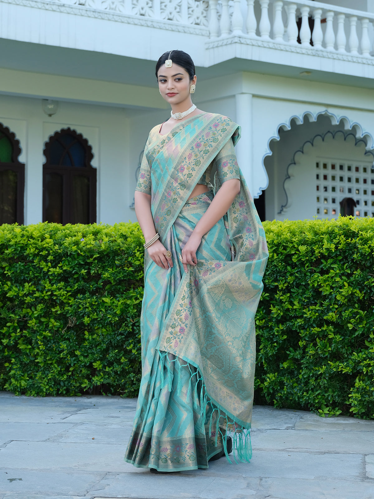Orange Organza Saree with Multicolored Zari Embroidery