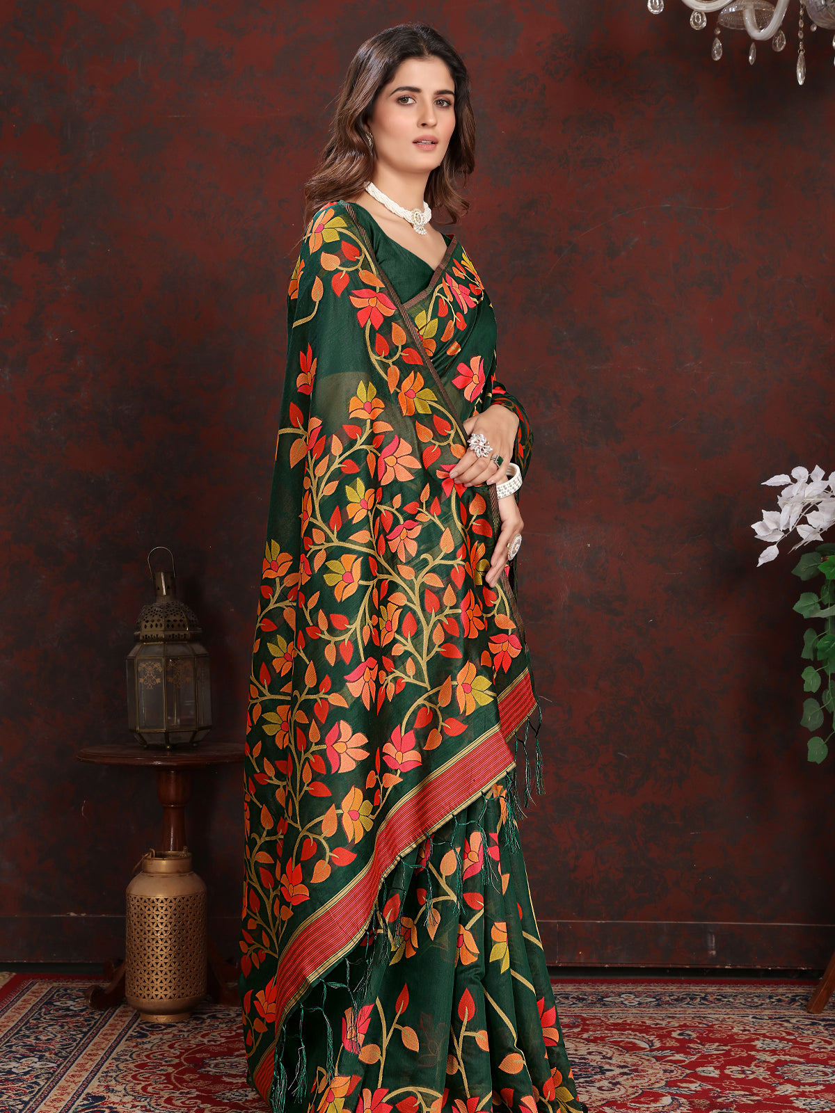 Vibrant Green Cotton Muslin Saree with Multicolored Floral Jaal Pattern