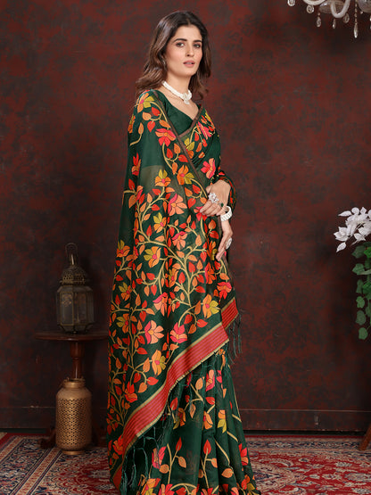 Vibrant Green Cotton Muslin Saree with Multicolored Floral Jaal Pattern