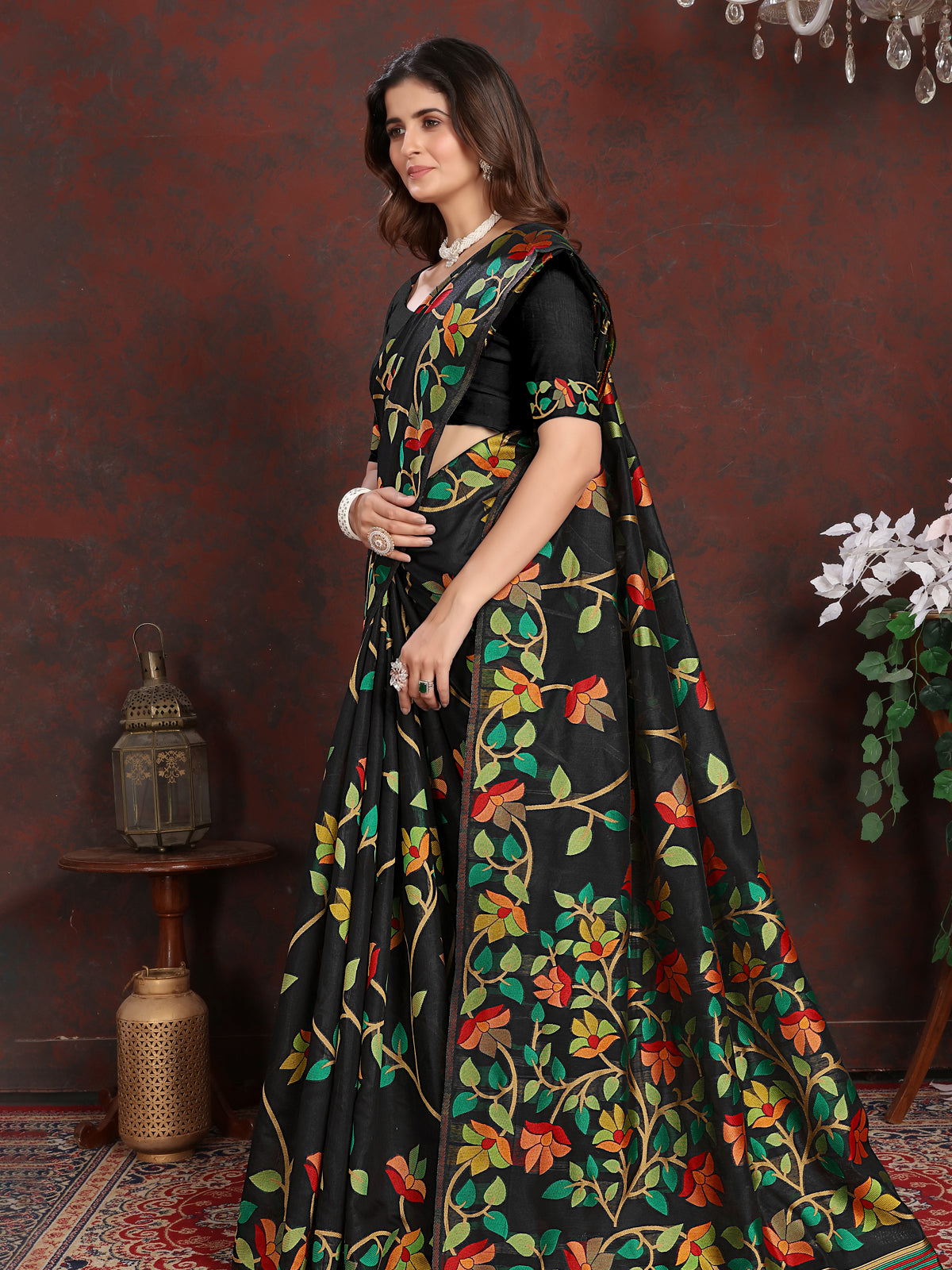 Elegant Black and Golden Cotton Muslin Saree with Multicolored Floral Jaal Design