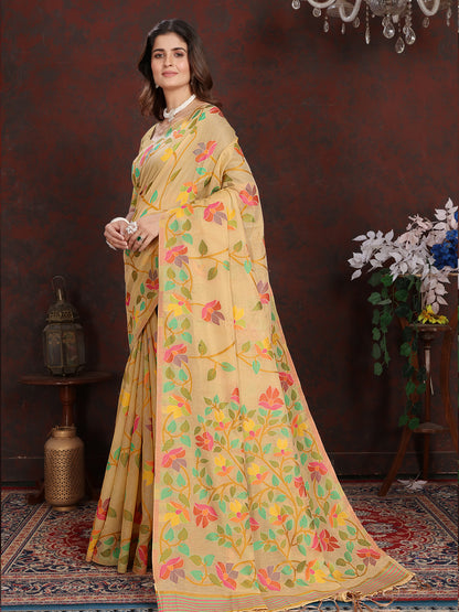 Warm Beige and Golden Floral Jaal Cotton Muslin Saree