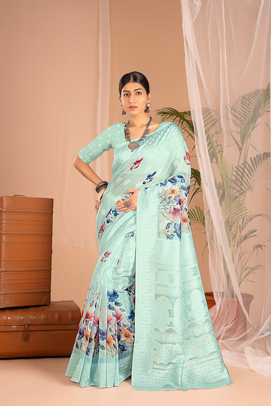 Lakhnawi Digital Print Sky Blue Floral Saree