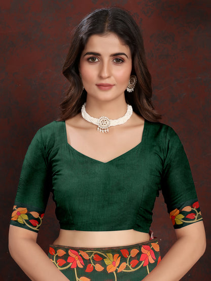 Vibrant Green Cotton Muslin Saree with Multicolored Floral Jaal Pattern