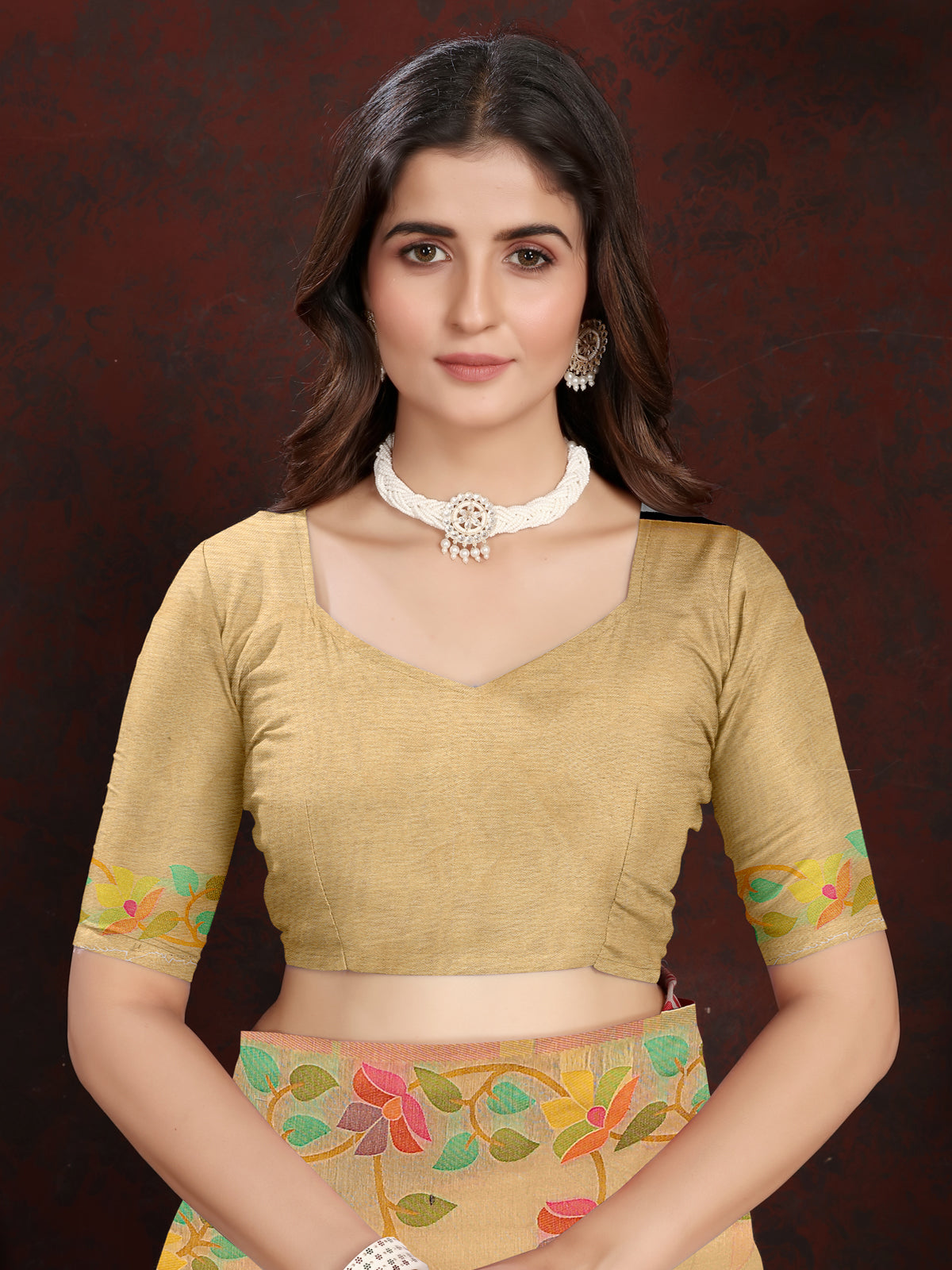 Warm Beige and Golden Floral Jaal Cotton Muslin Saree
