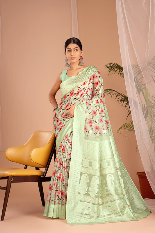 Lakhnawi Digital Print Light Green Floral Saree