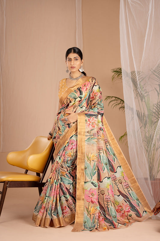 Golden Cot Handloom Silk Digital Print Light Yellow Floral Saree With Golden Border