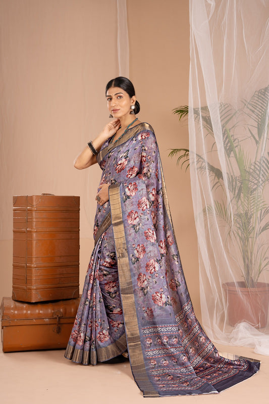 Golden Cot Handloom Silk Digital Print Violet Floral Saree With Golden Border