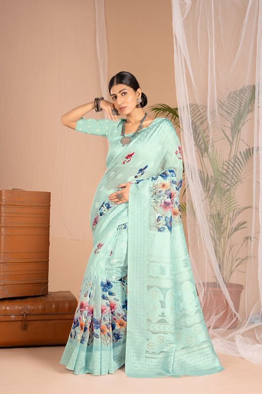 Lakhnawi Digital Print Alice Blue Floral Saree