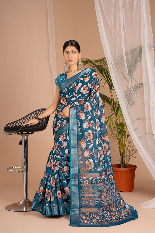 Silver Cot Blue Digital Print Saree with Silver Border