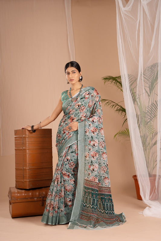 Silver Cot Grey Digital Print Saree with Silver Border