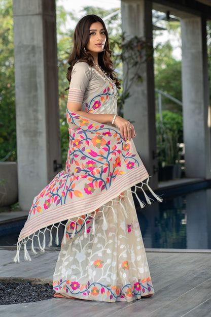 Beautiful Cotton Muslin Saree with Multicolored Floral Jaal White