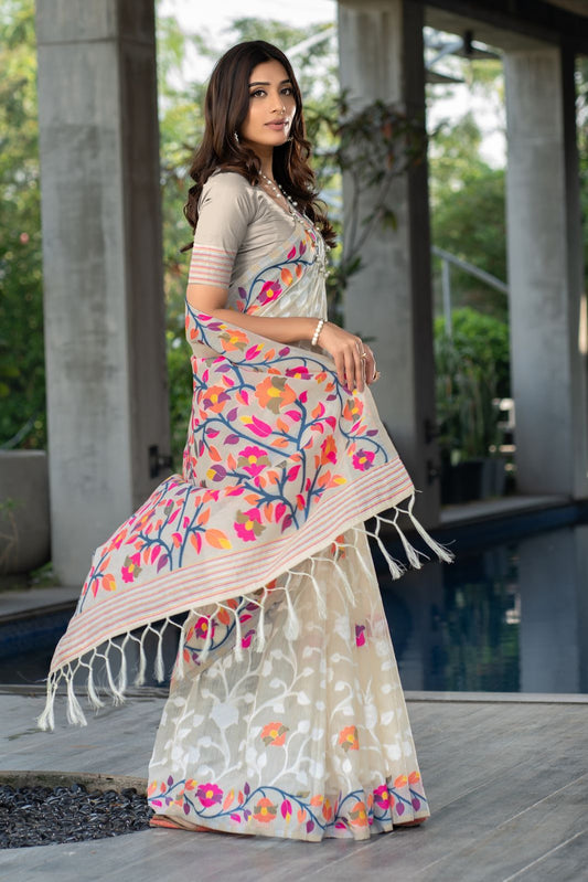 Beautiful Cotton Muslin Saree with Multicolored Floral Jaal White