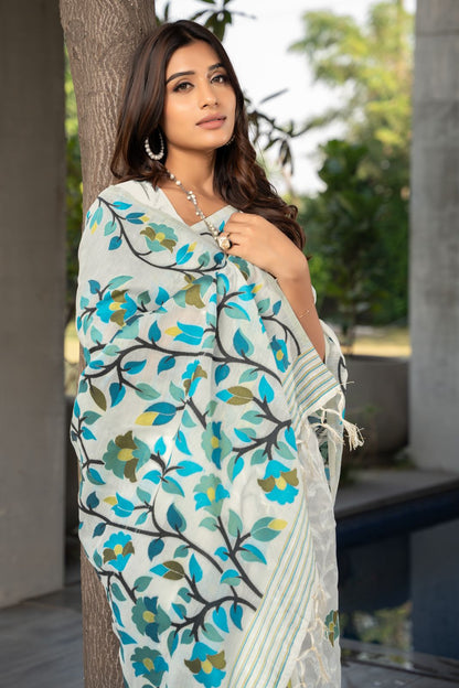 Beautiful White Cotton Muslin Saree with Multicolored Floral Jaal
