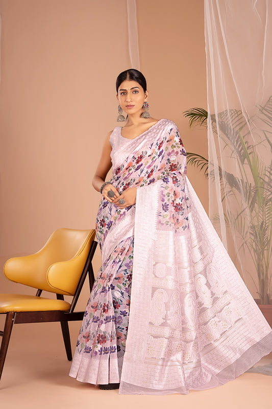 Lakhnawi Digital Print Light Purple Floral Saree