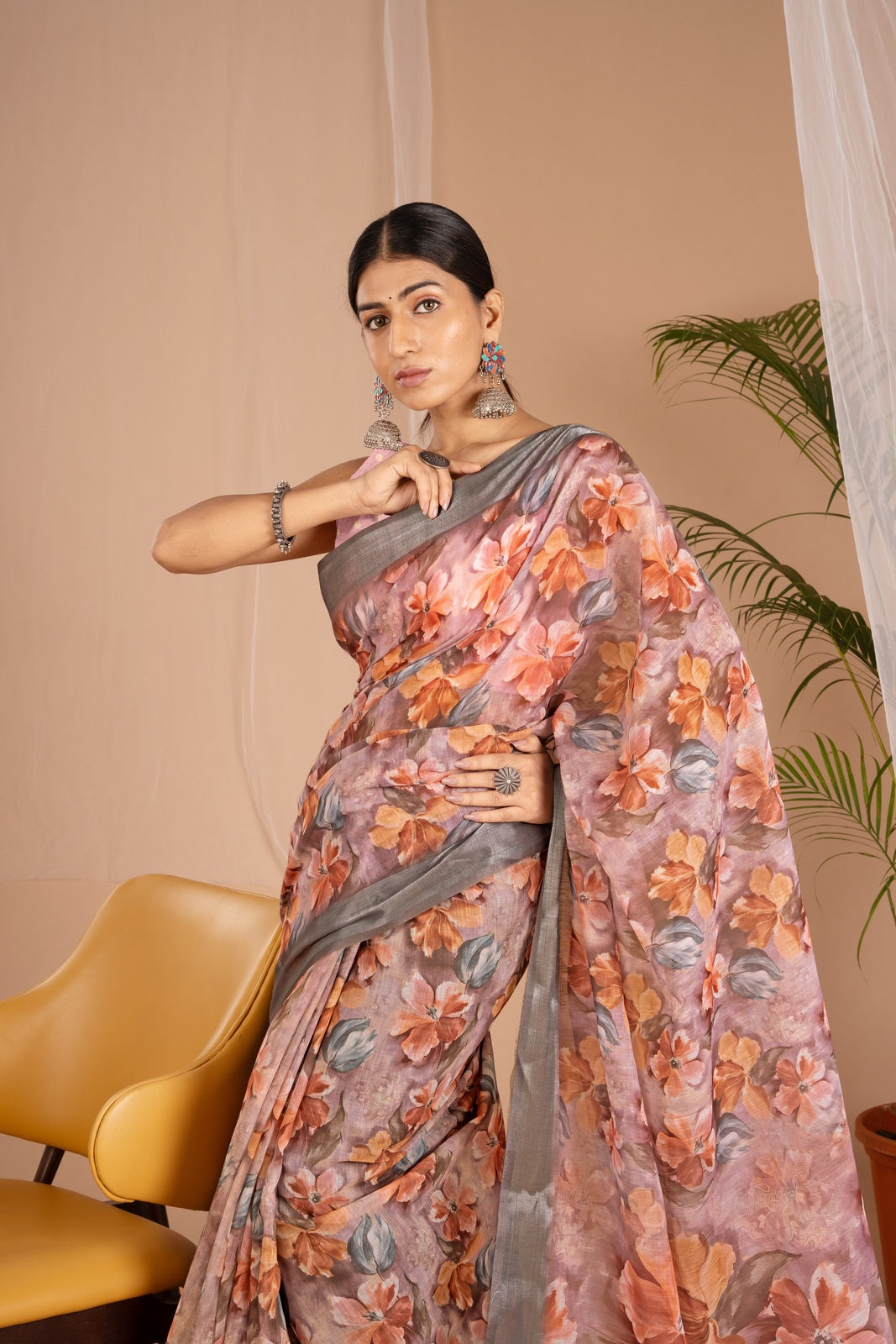 Silver Cot Light Purple Digital Print Saree with Silver Border