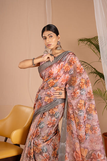 Silver Cot Light Purple Digital Print Saree with Silver Border