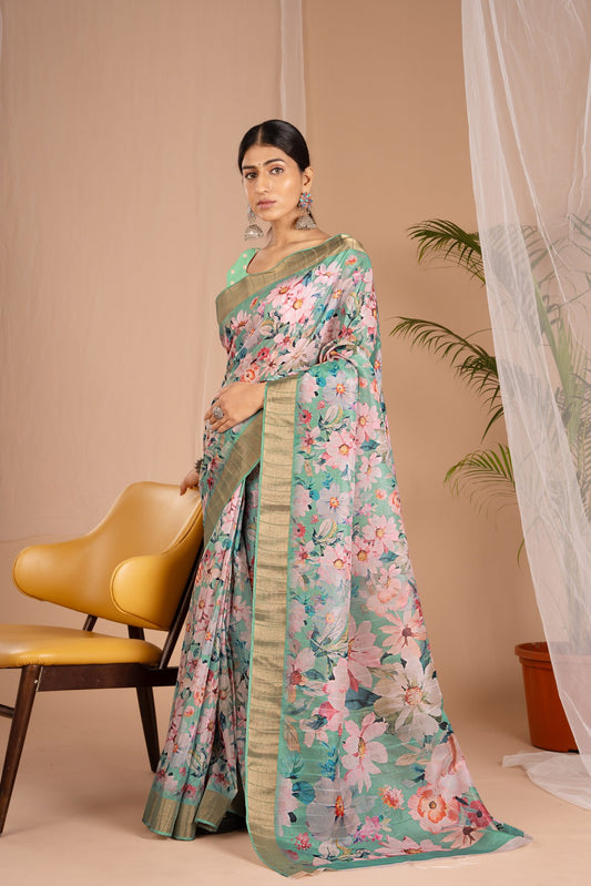Golden Cot Handloom Silk Digital Print Aqua Green Floral Saree With Golden Border