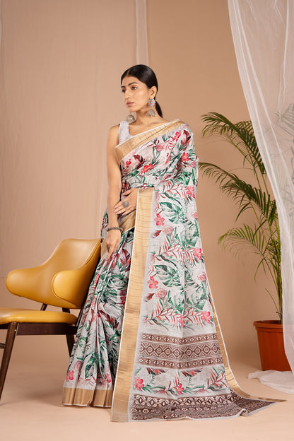 Golden Cot Handloom Silk Digital Print White Floral Saree With Golden Border