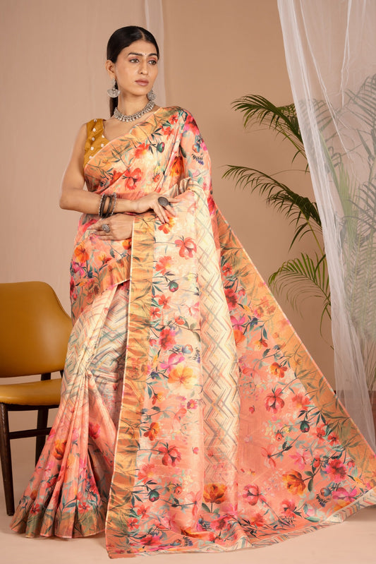 Golden Cot Handloom Silk Digital Print Mustard Floral Saree With Golden Border