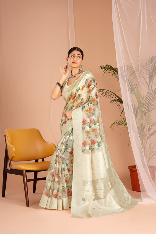 Lakhnawi Digital Print Off White Floral Saree